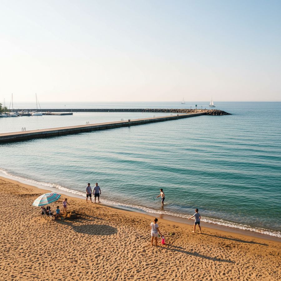 Sandy beach and boardwalk along Cobourg's Lake Ontario waterfront