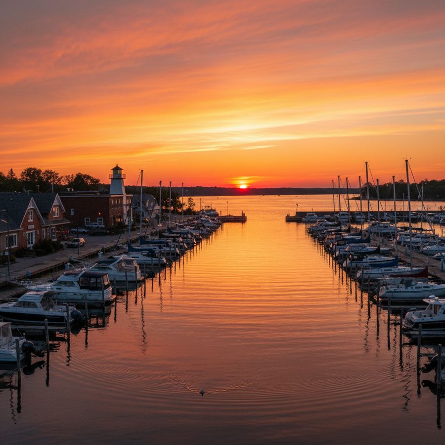 Collingwood harbour with grain terminal silhouette at sunset