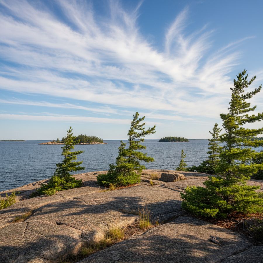 Rocky Georgian Bay shoreline with pine trees and blue water
