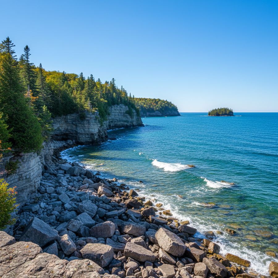 The Grey-Bruce coastline with rocky shore and blue Lake Huron water