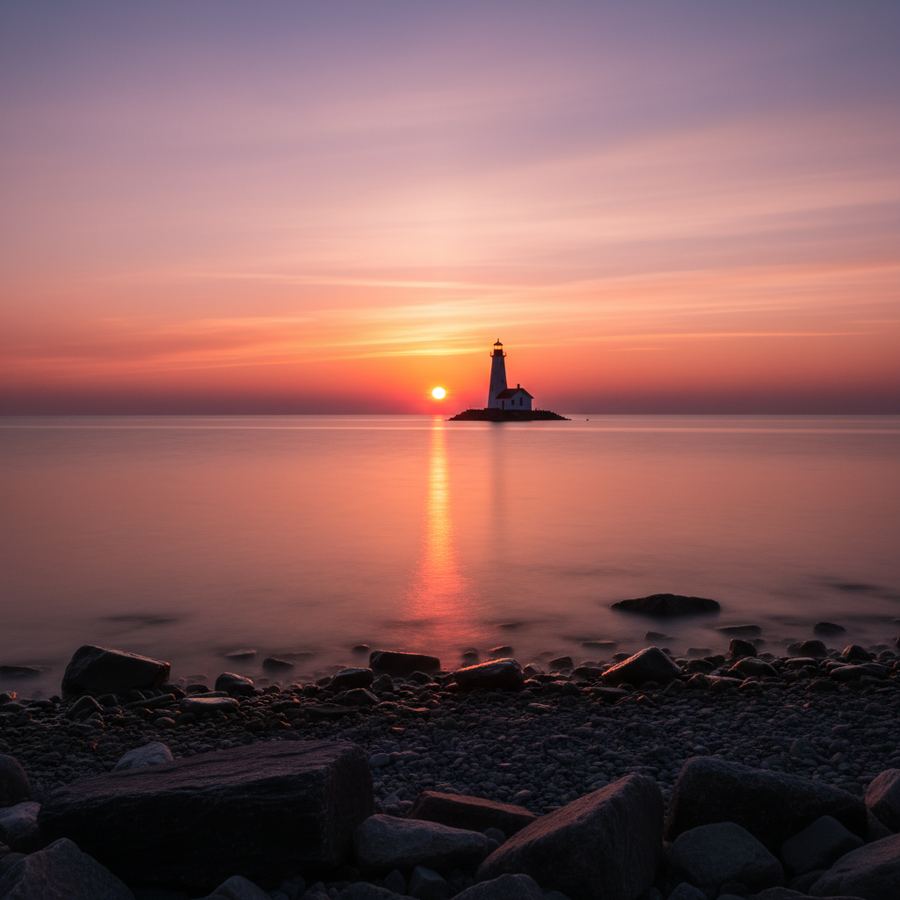 Kincardine lighthouse silhouetted against a Lake Huron sunset