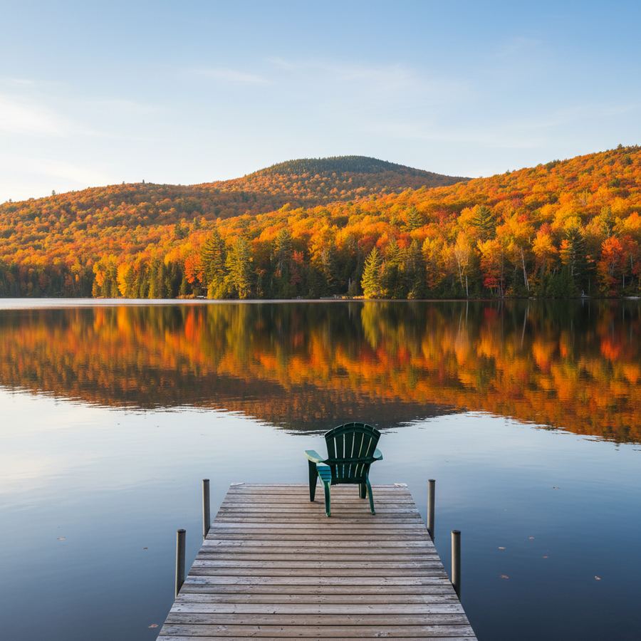 A Muskoka lake surrounded by fall colour in red, orange, and gold