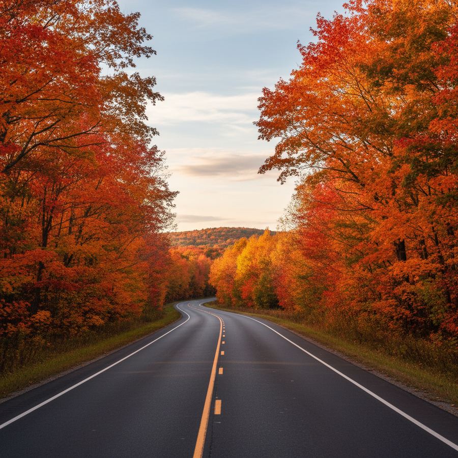 A winding Ontario highway through a tunnel of red and orange fall foliage