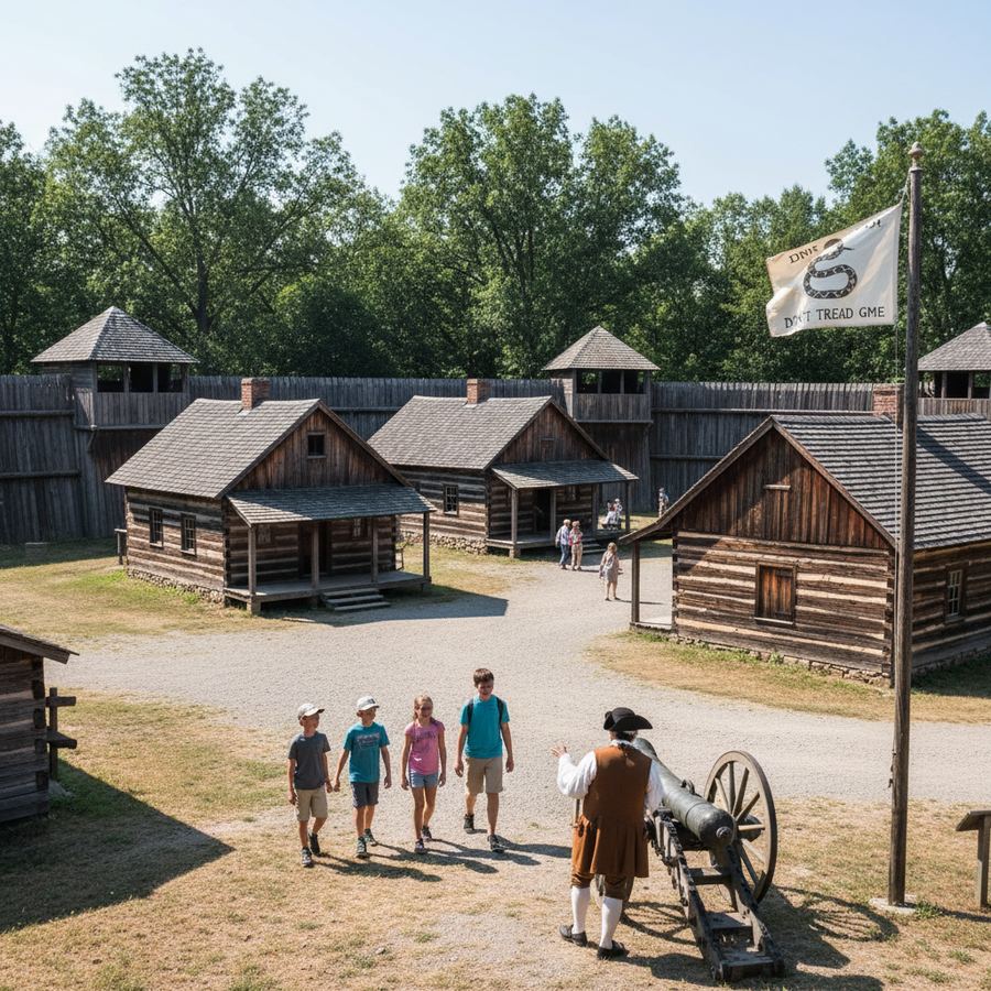 A tall ship docked at Discovery Harbour in Penetanguishene