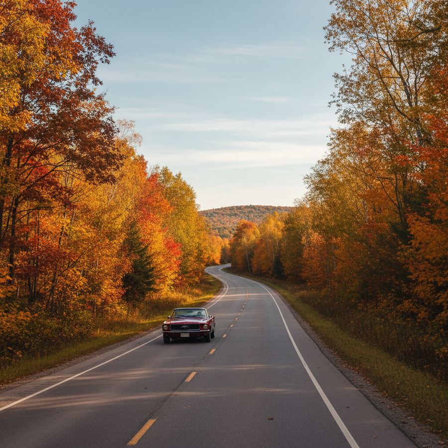 An Ontario highway flanked by autumn colour heading toward cottage country