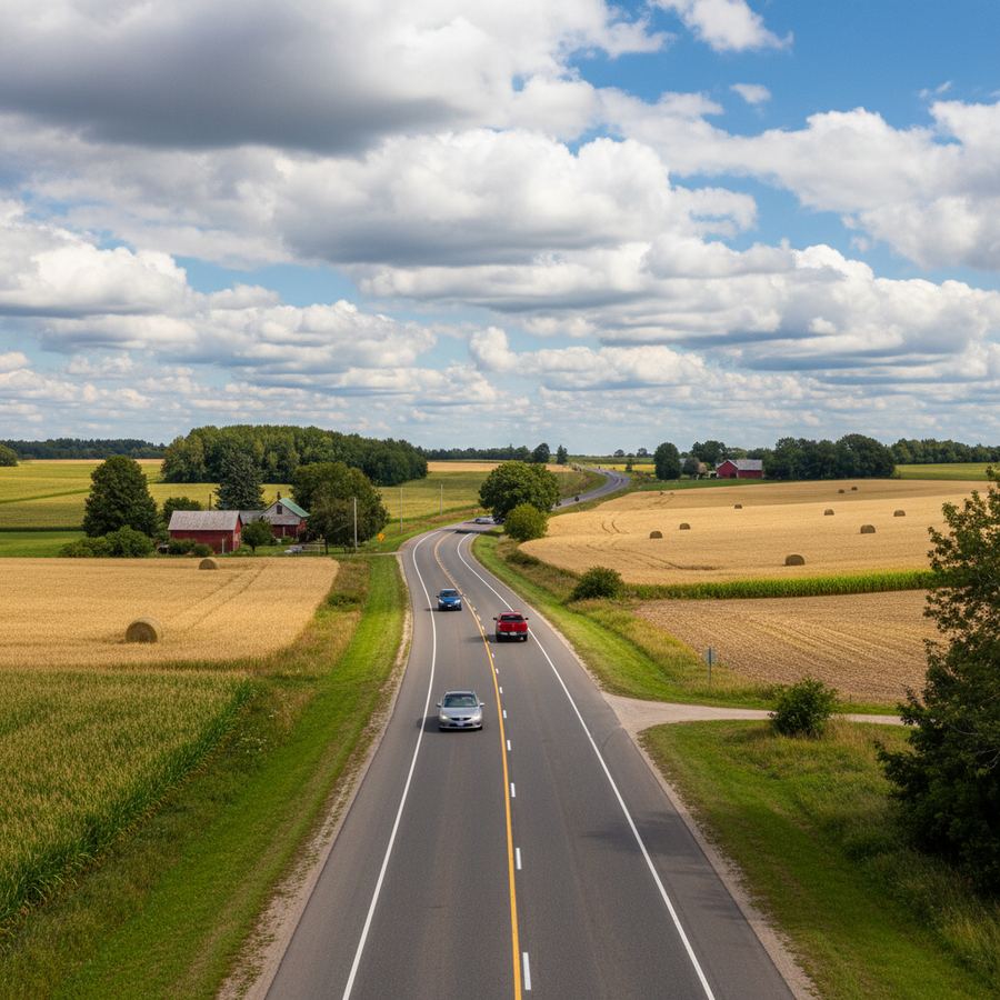 A two-lane Ontario highway through rolling farmland with a small town in the distance