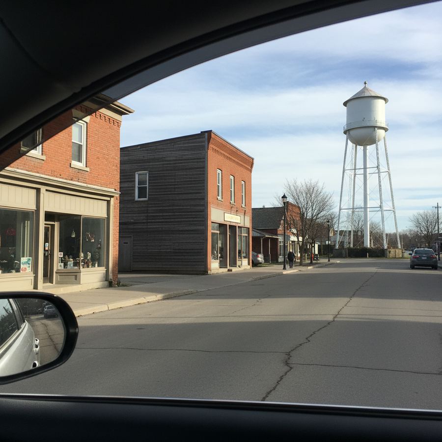 A small Ontario town main street with parked cars and a bakery