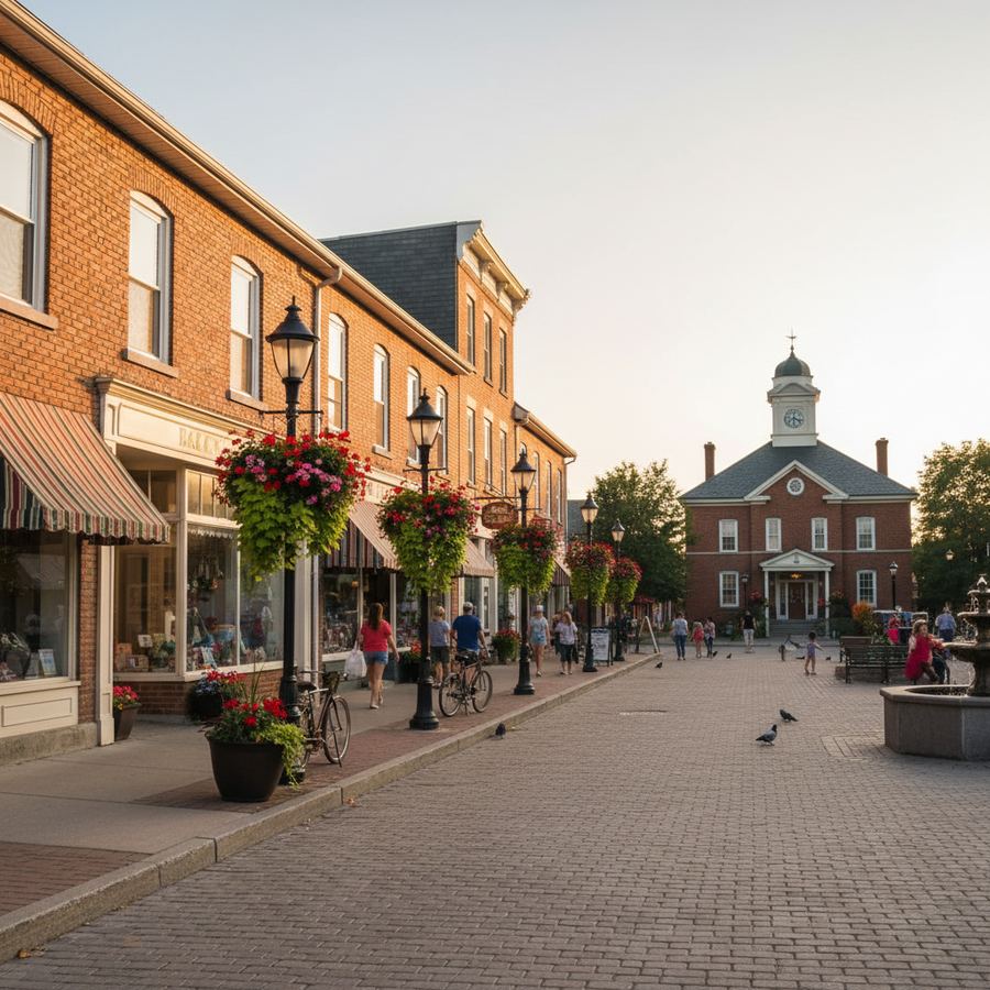 A quiet Ontario small town main street with brick storefronts and a Canadian flag