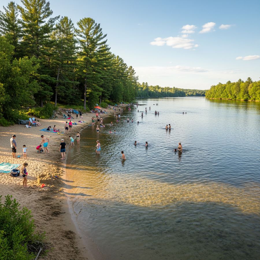 A sandy river beach along the Ottawa River with families swimming