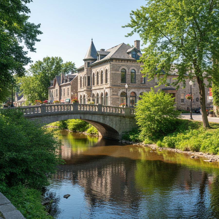 Stone buildings along the Tay River in downtown Perth, Ontario