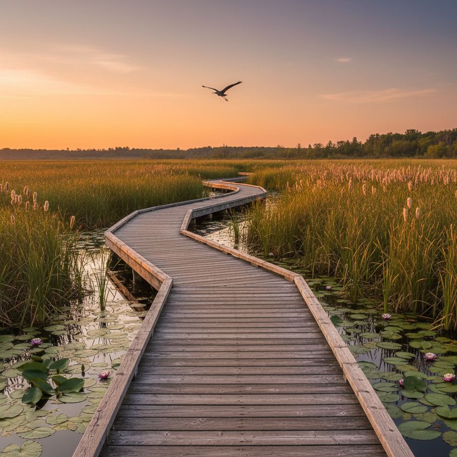 A wooden boardwalk trail through Wye Marsh wetland near Midland